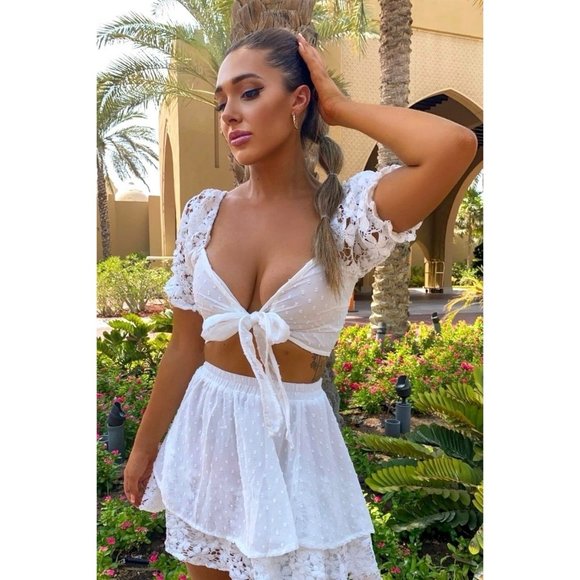 White Lace Trim Short Sleeve Crop Top and High Waist Mini Skirt Two Piece Set - Picture 13 of 14